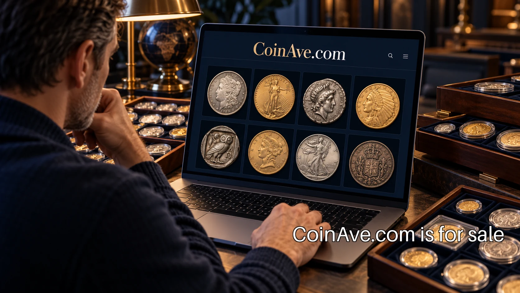 A collector organizing coin records beside a digital collection interface